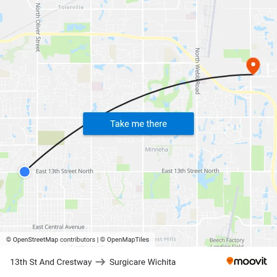 13th St And Crestway to Surgicare Wichita map