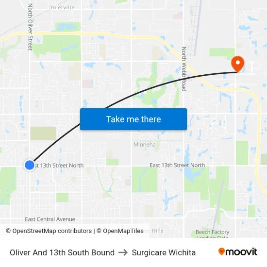 Oliver And 13th South Bound to Surgicare Wichita map