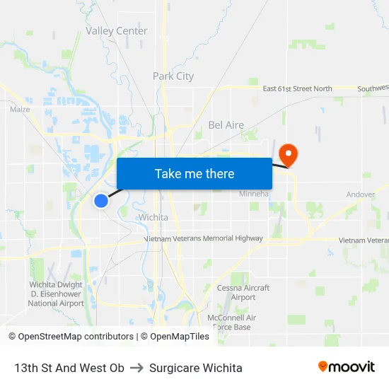 13th St And West Ob to Surgicare Wichita map