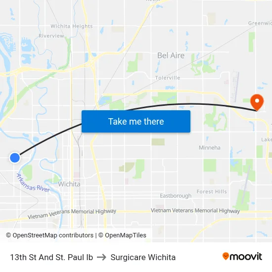 13th St And St. Paul Ib to Surgicare Wichita map