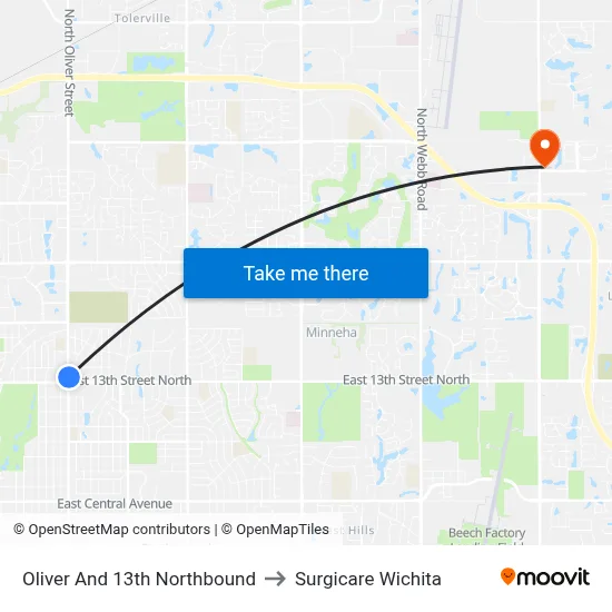 Oliver And 13th Northbound to Surgicare Wichita map