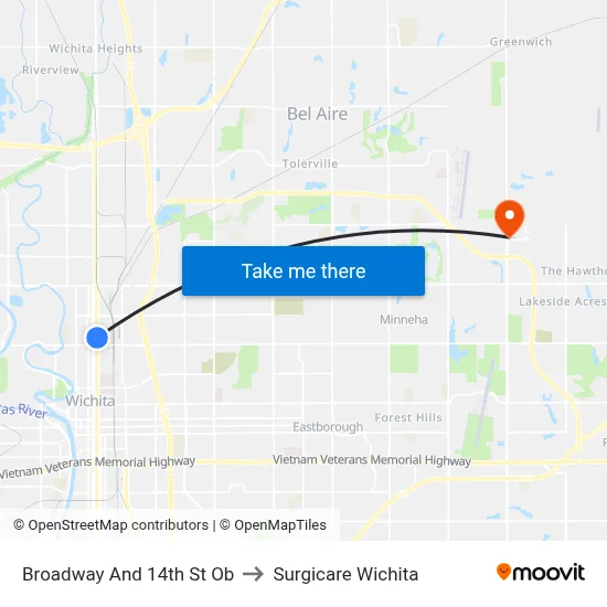 Broadway And 14th St Ob to Surgicare Wichita map