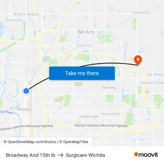 Broadway And 15th Ib to Surgicare Wichita map