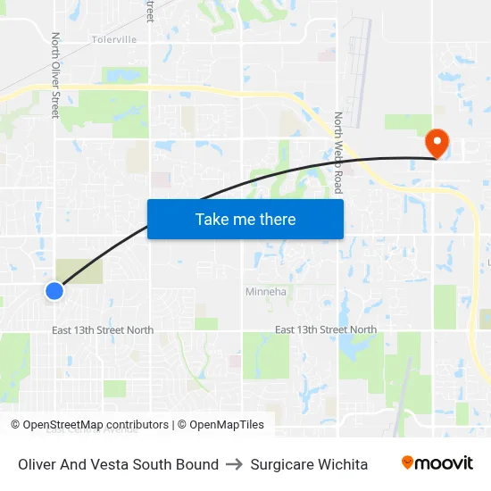 Oliver And Vesta South Bound to Surgicare Wichita map