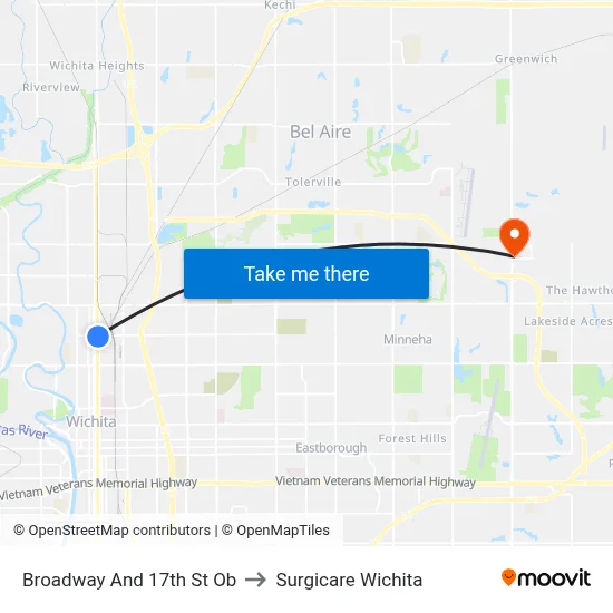 Broadway And 17th St Ob to Surgicare Wichita map