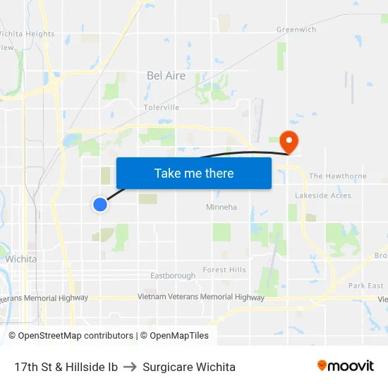 17th St & Hillside Ib to Surgicare Wichita map