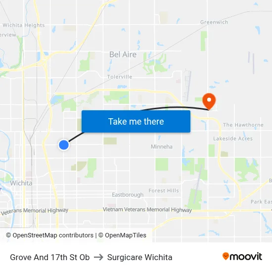 Grove And 17th St Ob to Surgicare Wichita map