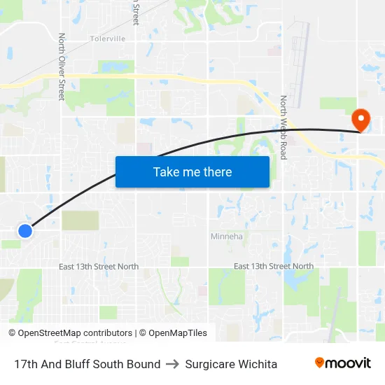 17th And Bluff South Bound to Surgicare Wichita map