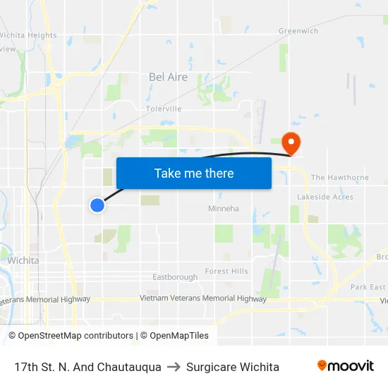17th St. N. And Chautauqua to Surgicare Wichita map