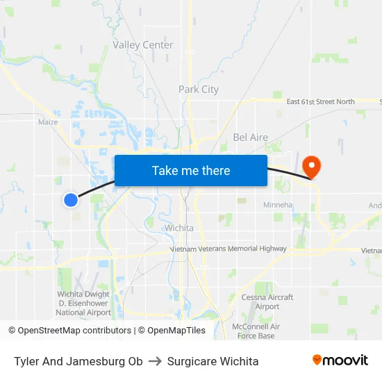 Tyler And Jamesburg Ob to Surgicare Wichita map