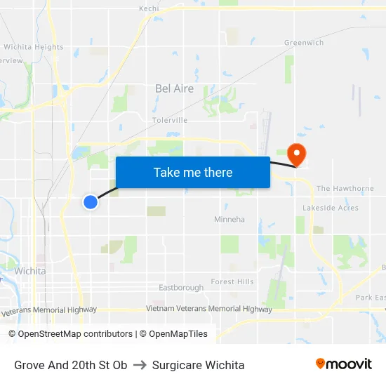 Grove And 20th St Ob to Surgicare Wichita map