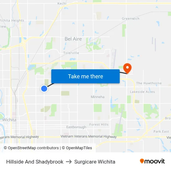 Hillside And Shadybrook to Surgicare Wichita map