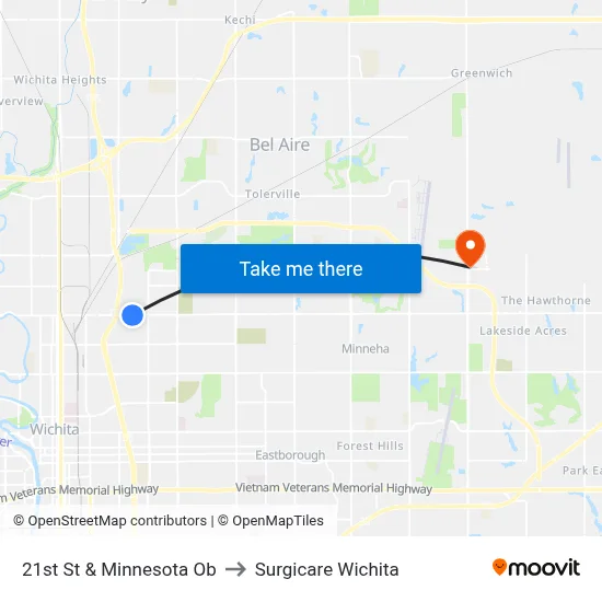 21st St & Minnesota Ob to Surgicare Wichita map