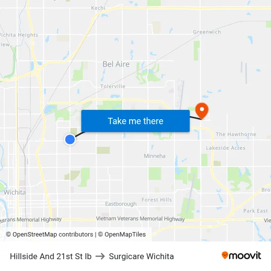 Hillside And 21st St Ib to Surgicare Wichita map