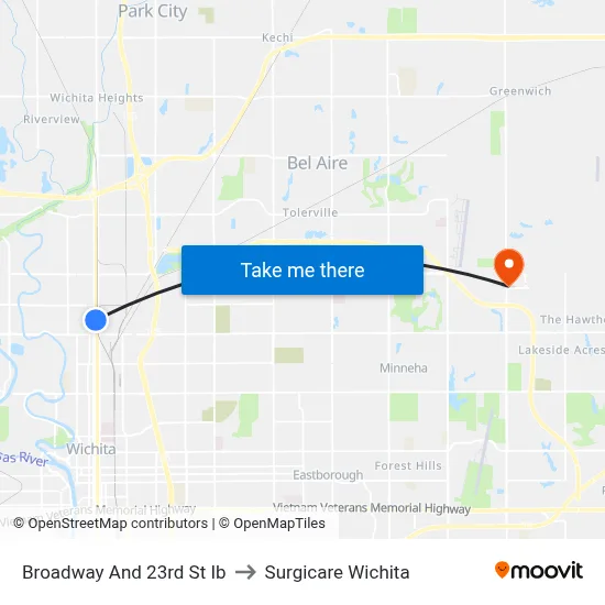 Broadway And 23rd St Ib to Surgicare Wichita map