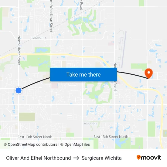 Oliver And Ethel Northbound to Surgicare Wichita map