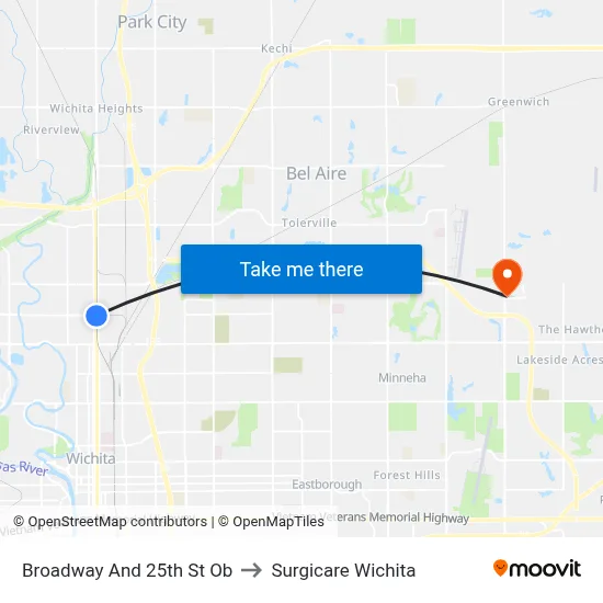 Broadway And 25th St Ob to Surgicare Wichita map