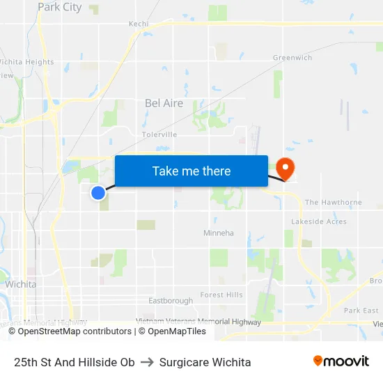25th St And Hillside Ob to Surgicare Wichita map