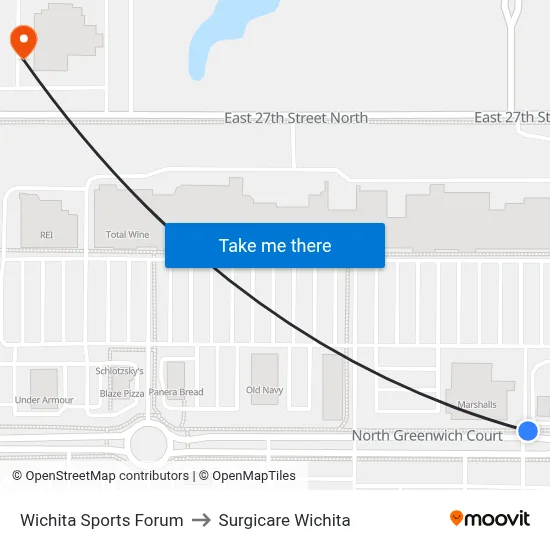 Wichita  Sports Forum to Surgicare Wichita map