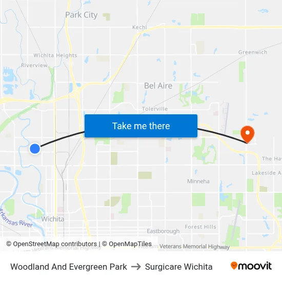 Woodland And Evergreen Park to Surgicare Wichita map
