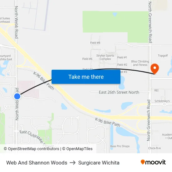 Web And Shannon Woods to Surgicare Wichita map