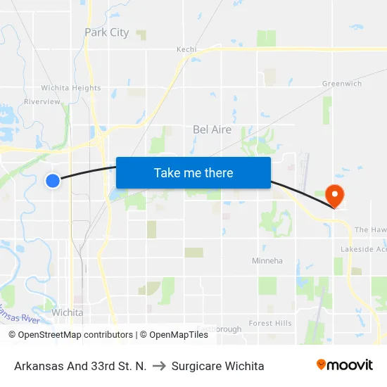 Arkansas And 33rd St. N. to Surgicare Wichita map