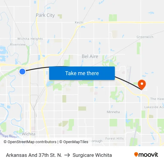 Arkansas And 37th St. N. to Surgicare Wichita map