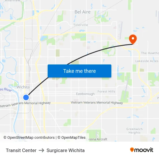 Transit Center to Surgicare Wichita map