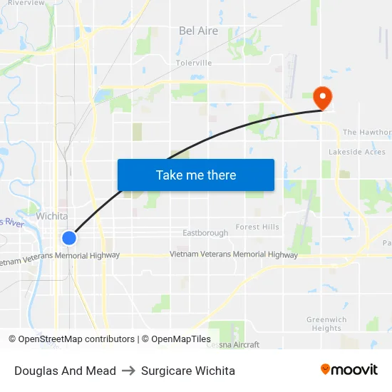 Douglas And Mead to Surgicare Wichita map