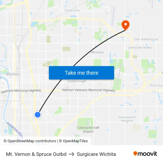 Mt. Vernon & Spruce Outbd to Surgicare Wichita map