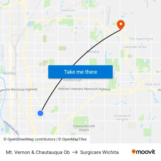 Mt. Vernon & Chautauqua Ob to Surgicare Wichita map