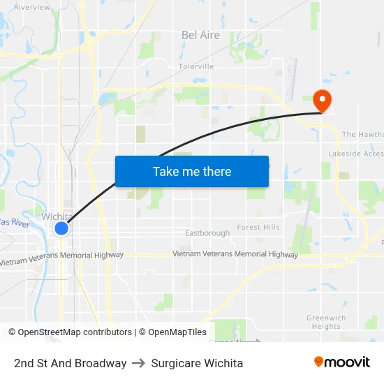 2nd St And Broadway to Surgicare Wichita map
