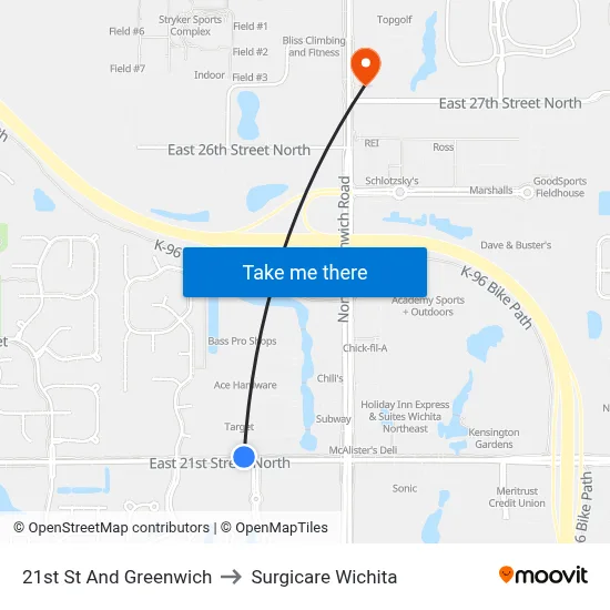 21st St And Greenwich to Surgicare Wichita map