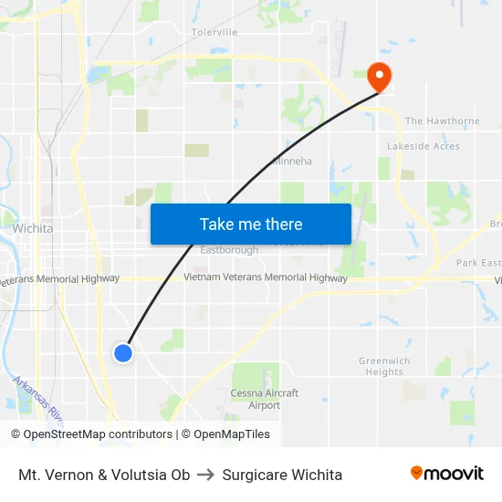 Mt. Vernon & Volutsia Ob to Surgicare Wichita map
