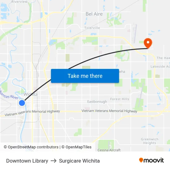 Downtown Library to Surgicare Wichita map