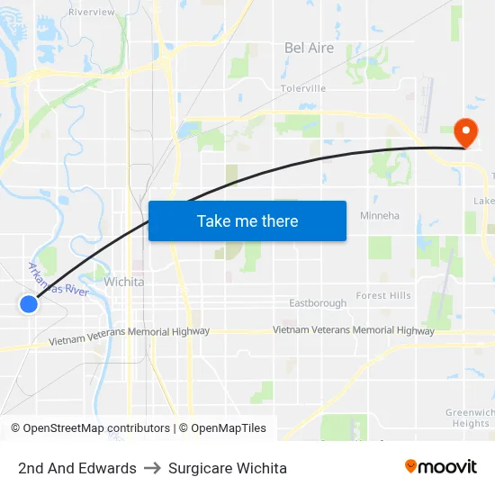 2nd And Edwards to Surgicare Wichita map