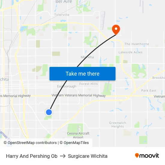Harry And Pershing Ob to Surgicare Wichita map