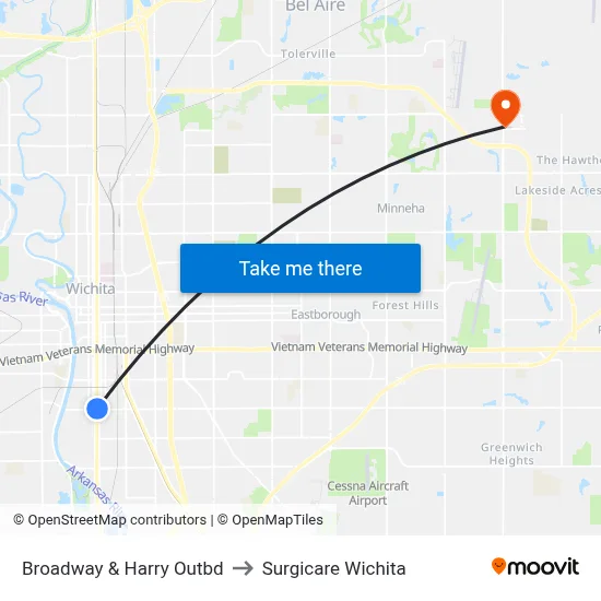 Broadway & Harry Outbd to Surgicare Wichita map