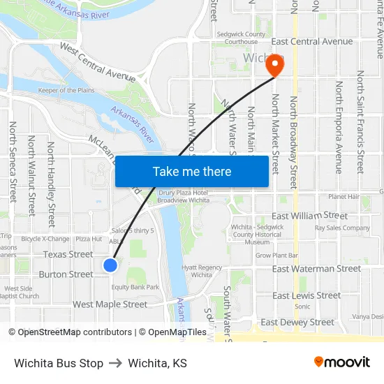 Wichita Bus Stop to Wichita, KS map