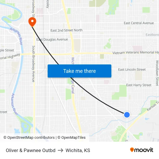 Oliver & Pawnee Outbd to Wichita, KS map