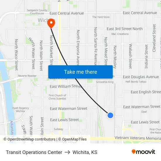 Transit Operations Center to Wichita, KS map
