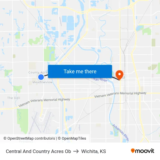 Central And Country Acres Ob to Wichita, KS map