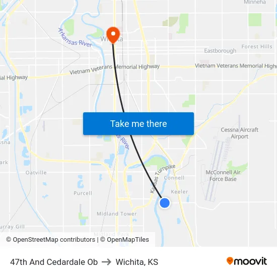47th And Cedardale Ob to Wichita, KS map