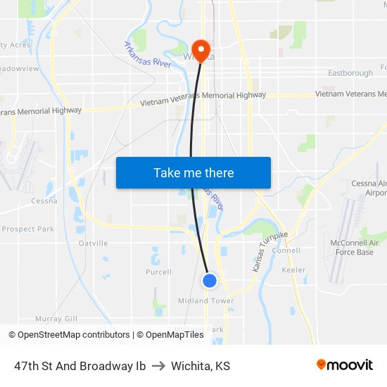 47th St And Broadway Ib to Wichita, KS map