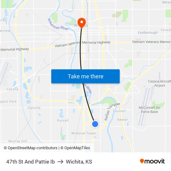 47th St And Pattie Ib to Wichita, KS map