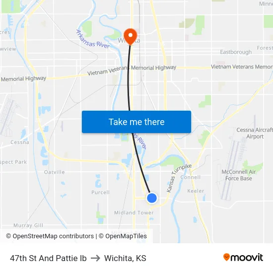 47th St And Pattie Ib to Wichita, KS map