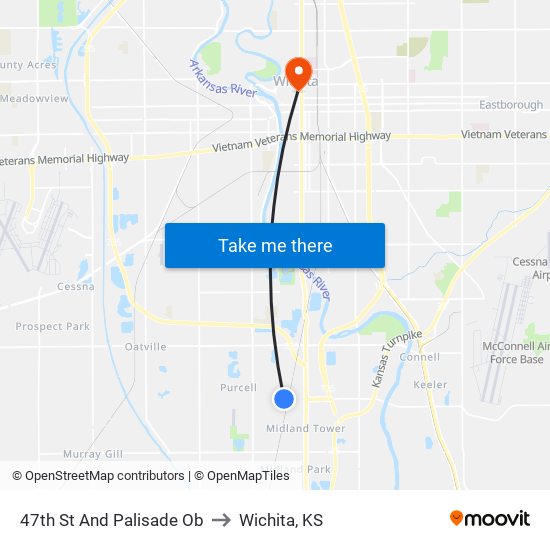 47th St And Palisade Ob to Wichita, KS map