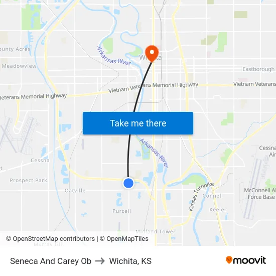 Seneca And Carey Ob to Wichita, KS map