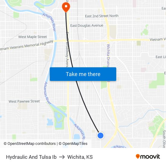 Hydraulic And Tulsa Ib to Wichita, KS map