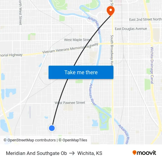 Meridian And Southgate Ob to Wichita, KS map